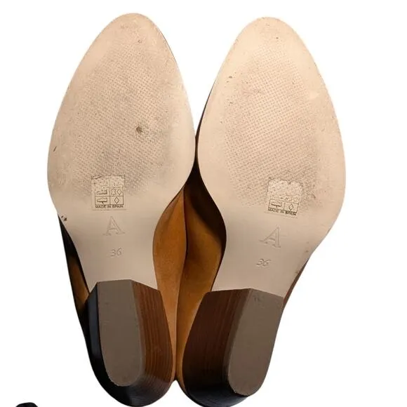 A / Anthropologie Amstur Cognac Brown Leather Scrunch Block Heel Mules 36 5.5