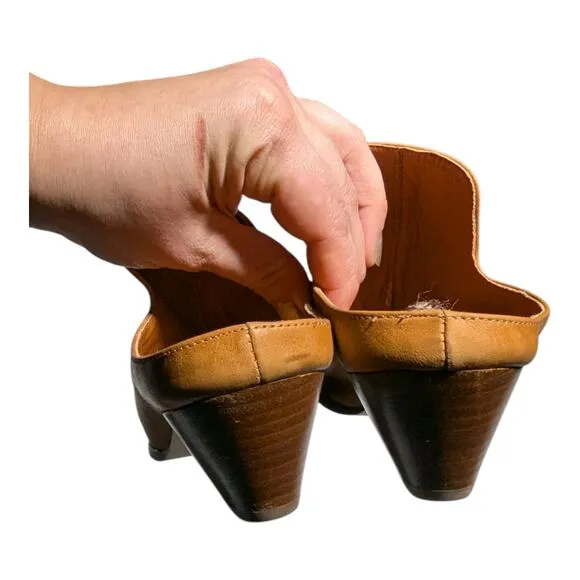 A / Anthropologie Amstur Cognac Brown Leather Scrunch Block Heel Mules 36 5.5