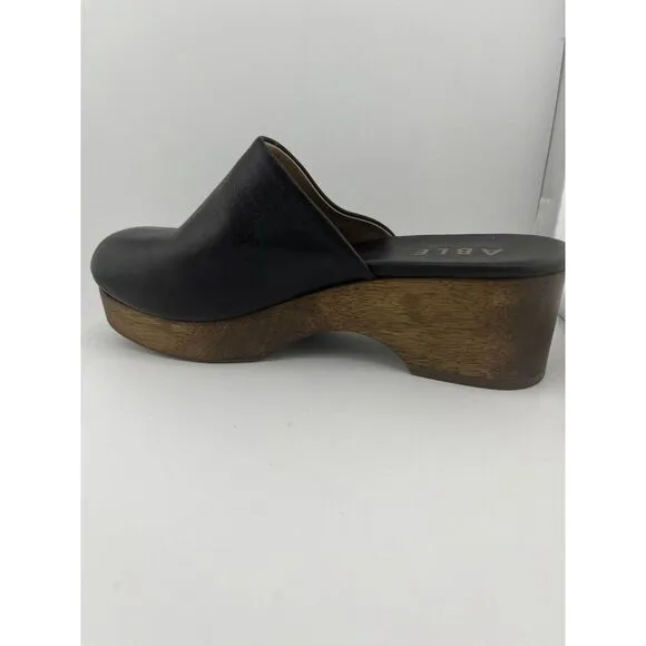 ABLE Alyssa Clog Women Size 6.5 M Black Napa Leather 2&quot; Wood Heel‎ MadeIn Brazil