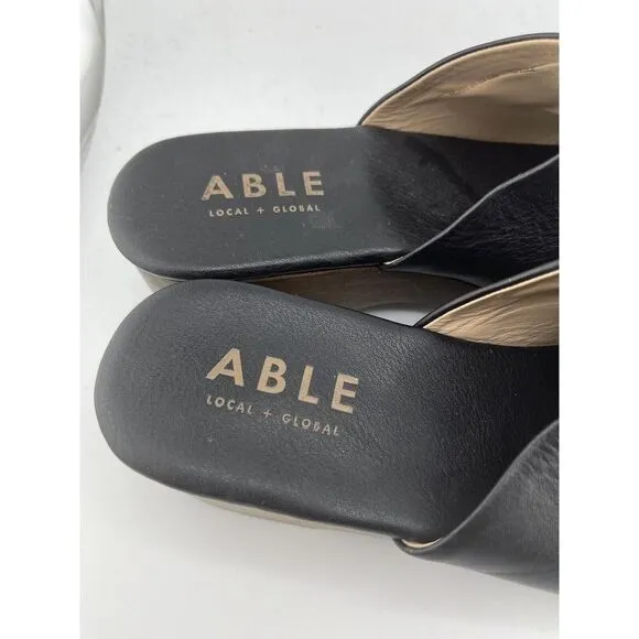 ABLE Alyssa Clog Women Size 6.5 M Black Napa Leather 2&quot; Wood Heel‎ MadeIn Brazil