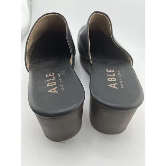 ABLE Alyssa Clog Women Size 6.5 M Black Napa Leather 2&quot; Wood Heel‎ MadeIn Brazil