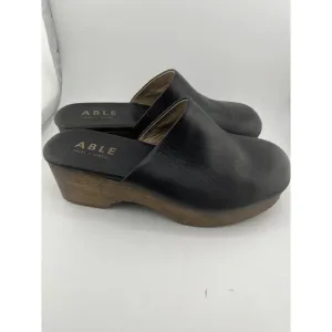 ABLE Alyssa Clog Women Size 6.5 M Black Napa Leather 2&quot; Wood Heel‎ MadeIn Brazil