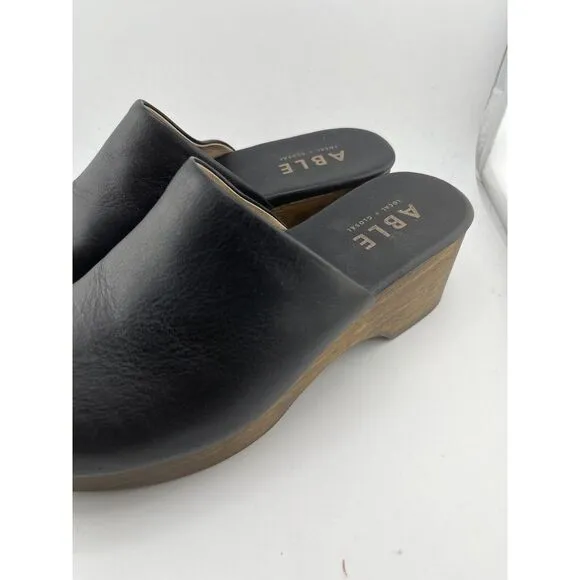 ABLE Alyssa Clog Women Size 6.5 M Black Napa Leather 2&quot; Wood Heel‎ MadeIn Brazil