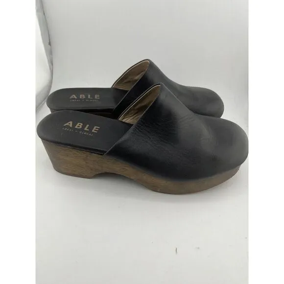 ABLE Alyssa Clog Women Size 6.5 M Black Napa Leather 2&quot; Wood Heel‎ MadeIn Brazil