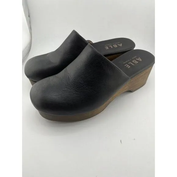 ABLE Alyssa Clog Women Size 6.5 M Black Napa Leather 2&quot; Wood Heel‎ MadeIn Brazil