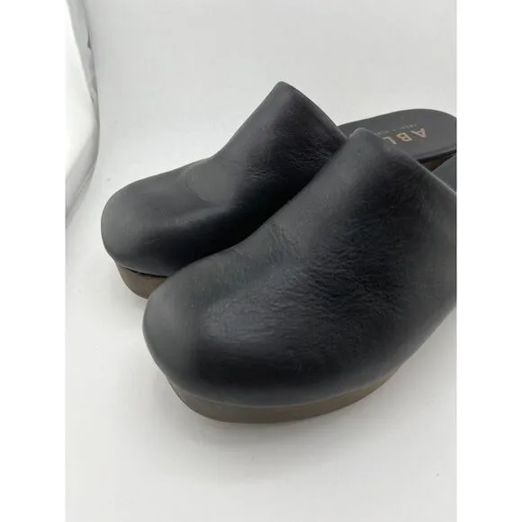 ABLE Alyssa Clog Women Size 6.5 M Black Napa Leather 2&quot; Wood Heel‎ MadeIn Brazil