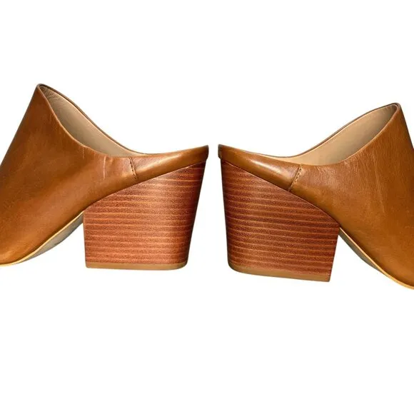 ABLE Leather Clogs Women 8 Brown Camel Pointed Toe Block Heel Mules Classic Chic