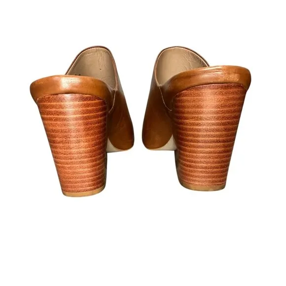 ABLE Leather Clogs Women 8 Brown Camel Pointed Toe Block Heel Mules Classic Chic