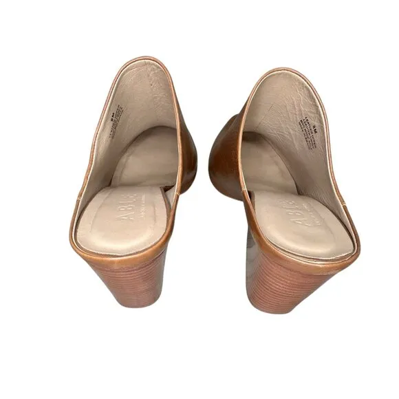 ABLE Leather Clogs Women 8 Brown Camel Pointed Toe Block Heel Mules Classic Chic
