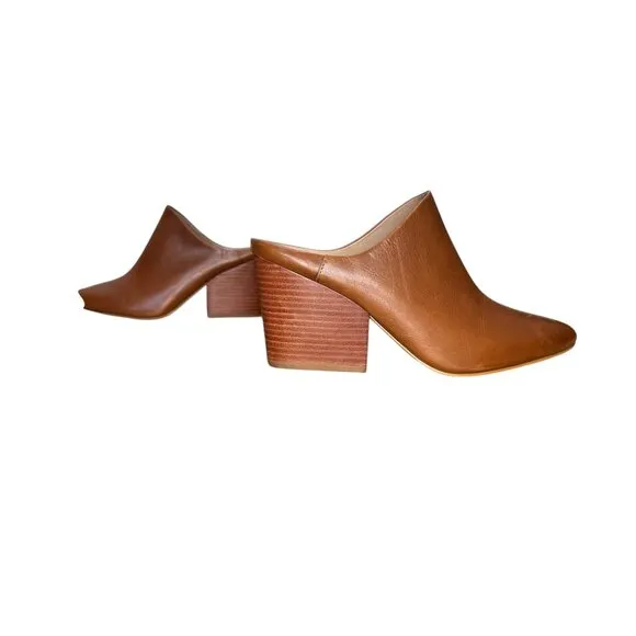 ABLE Leather Clogs Women 8 Brown Camel Pointed Toe Block Heel Mules Classic Chic