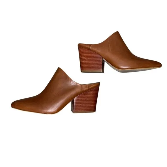 ABLE Leather Clogs Women 8 Brown Camel Pointed Toe Block Heel Mules Classic Chic