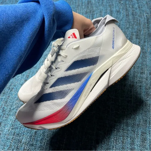 Adidas Adizero Boston 12 Running Shoes in Core White Dark Blue Pure Ruby