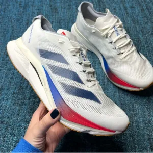 Adidas Adizero Boston 12 Running Shoes in Core White Dark Blue Pure Ruby