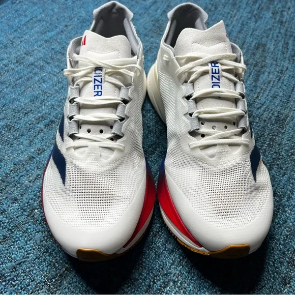 Adidas Adizero Boston 12 Running Shoes in Core White Dark Blue Pure Ruby