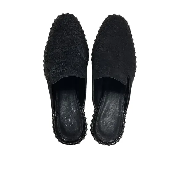 ADRIANNA PAPELL Maura Black Embroidered Slip On Studded Mules Size 6.5