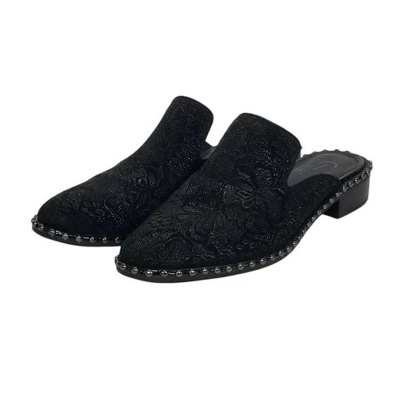 ADRIANNA PAPELL Maura Black Embroidered Slip On Studded Mules Size 6.5