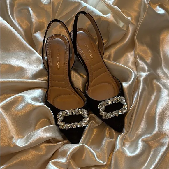 Adrienne Vittadini Black Slingback Heels with Crystal Detail
