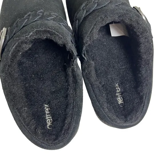 Aetrex Black Cozy Comfy Shearling Genuine Leather Suede Mules Slippers 5 5.5