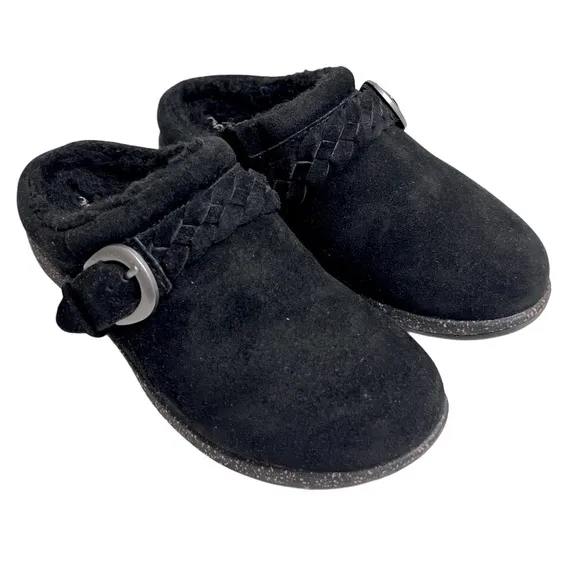 Aetrex Black Cozy Comfy Shearling Genuine Leather Suede Mules Slippers 5 5.5