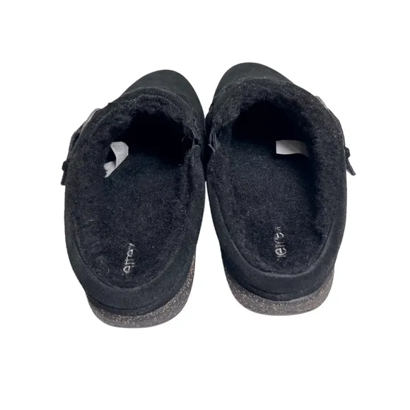 Aetrex Black Cozy Comfy Shearling Genuine Leather Suede Mules Slippers 5 5.5