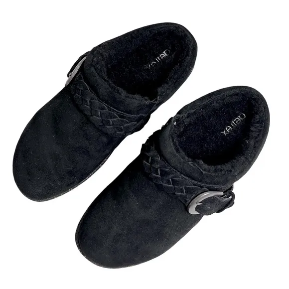 Aetrex Black Cozy Comfy Shearling Genuine Leather Suede Mules Slippers 5 5.5