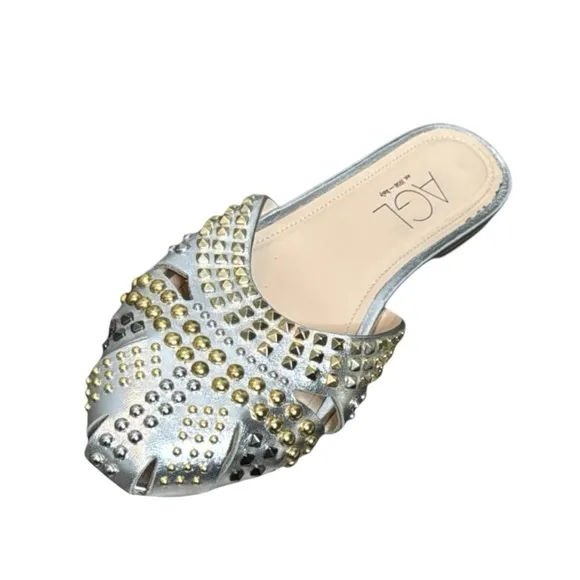 AGL ATTILIO GIUSTI LEOMBRUNI MILLY SILVER STUDDED LEATHER FLAT MULES