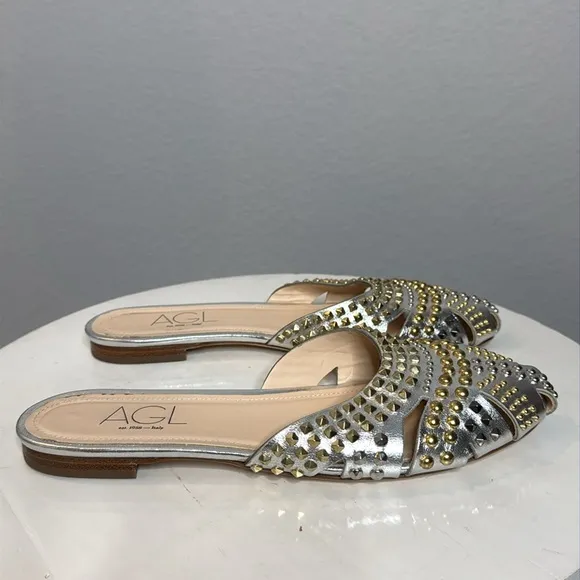 AGL ATTILIO GIUSTI LEOMBRUNI MILLY SILVER STUDDED LEATHER FLAT MULES