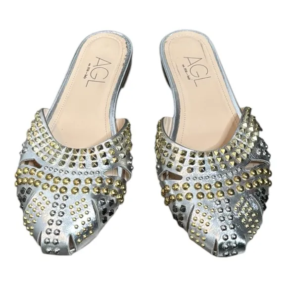 AGL ATTILIO GIUSTI LEOMBRUNI MILLY SILVER STUDDED LEATHER FLAT MULES