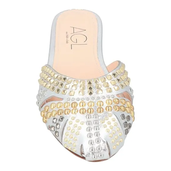 AGL ATTILIO GIUSTI LEOMBRUNI MILLY SILVER STUDDED LEATHER FLAT MULES