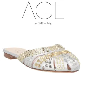 AGL ATTILIO GIUSTI LEOMBRUNI MILLY SILVER STUDDED LEATHER FLAT MULES
