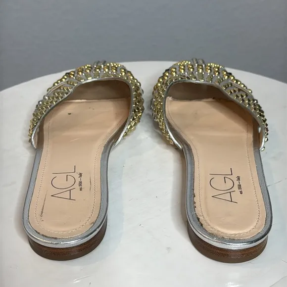 AGL ATTILIO GIUSTI LEOMBRUNI MILLY SILVER STUDDED LEATHER FLAT MULES