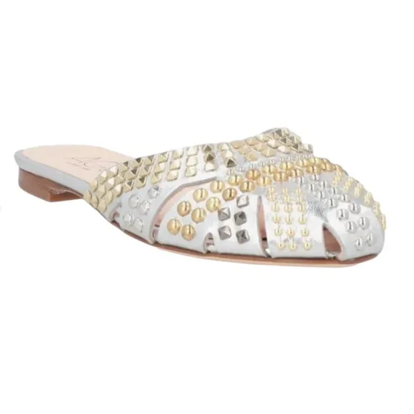 AGL ATTILIO GIUSTI LEOMBRUNI MILLY SILVER STUDDED LEATHER FLAT MULES
