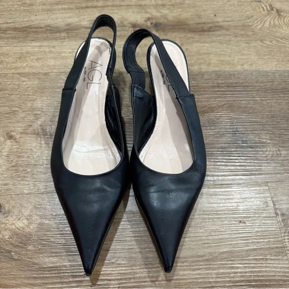 AGL Black Lenor Sling Leather Sling-Back Elegant Kitten Heels Size 40