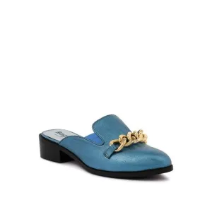 AKSA Metal Chain Leather Mules - Blue size-9