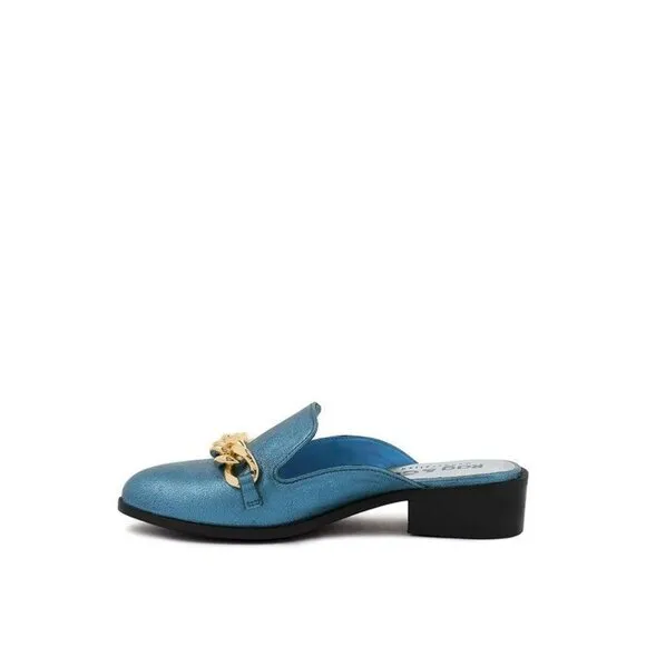 AKSA Metal Chain Leather Mules - Blue size-9