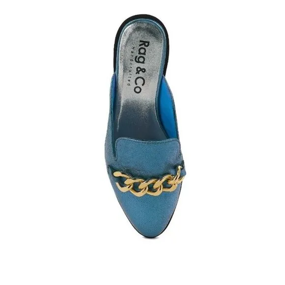 AKSA Metal Chain Leather Mules - Blue size-9