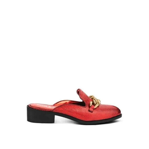 AKSA Metal Chain Leather Mules - Red  Size-5
