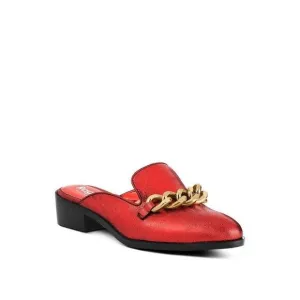 AKSA Metal Chain Leather Mules - Red  Size-5