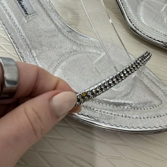 Alberto Venturini Womens Heels 38 Silver Metallic Rhinestone Kitten Heel Y2K