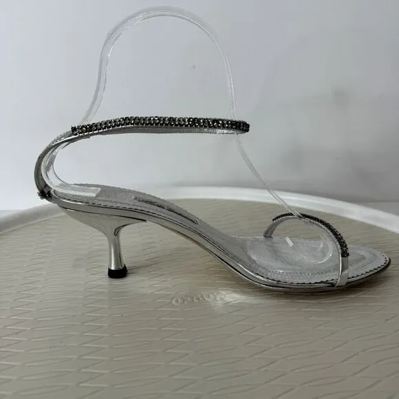 Alberto Venturini Womens Heels 38 Silver Metallic Rhinestone Kitten Heel Y2K
