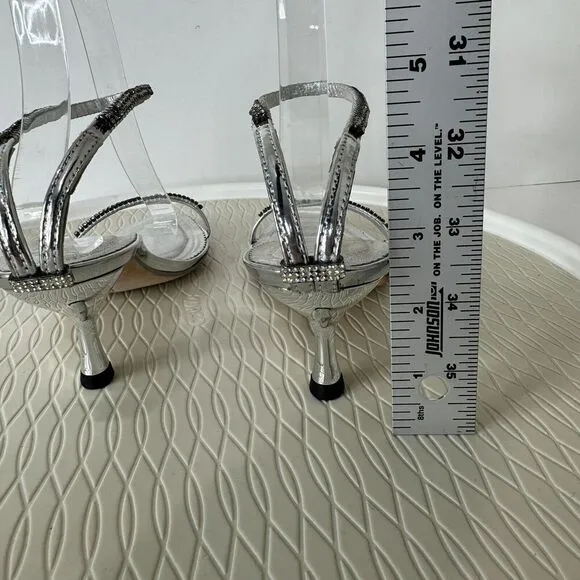 Alberto Venturini Womens Heels 38 Silver Metallic Rhinestone Kitten Heel Y2K
