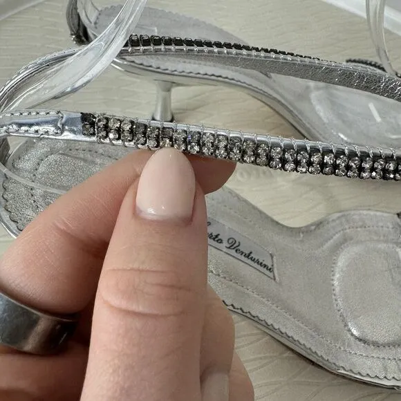 Alberto Venturini Womens Heels 38 Silver Metallic Rhinestone Kitten Heel Y2K