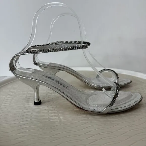 Alberto Venturini Womens Heels 38 Silver Metallic Rhinestone Kitten Heel Y2K