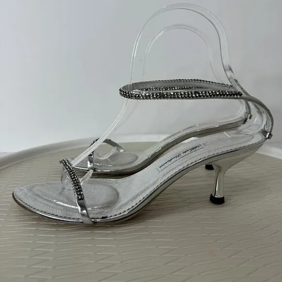 Alberto Venturini Womens Heels 38 Silver Metallic Rhinestone Kitten Heel Y2K
