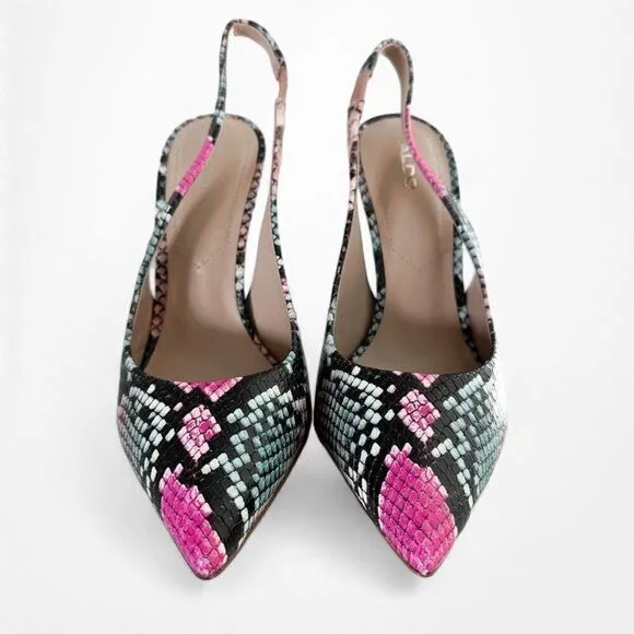 Aldo Pink Black Animal Snake Print Slingback Stiletto Pointy Toe Heels Size 6.5