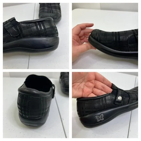Alegria‎ Kara 39 9 Black Plaid Slip On Comfort Clogs Leather Stripe Shoes Mules