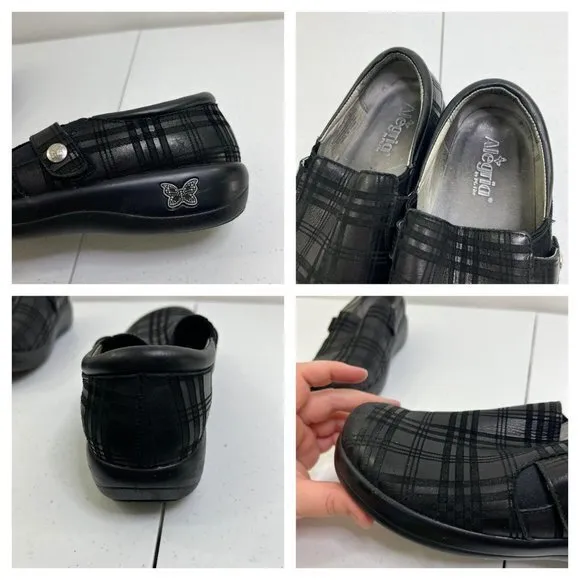 Alegria‎ Kara 39 9 Black Plaid Slip On Comfort Clogs Leather Stripe Shoes Mules