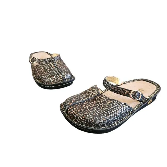 Alegria Leopard Print Metallic Mary Jane Leather Mules Size 7