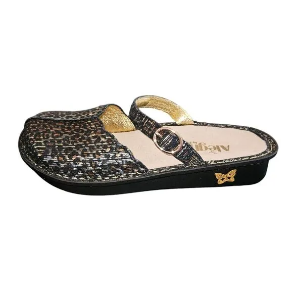 Alegria Leopard Print Metallic Mary Jane Leather Mules Size 7