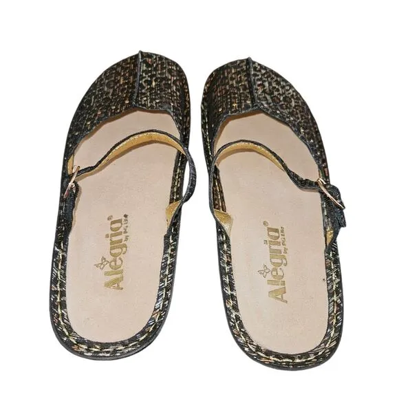 Alegria Leopard Print Metallic Mary Jane Leather Mules Size 7